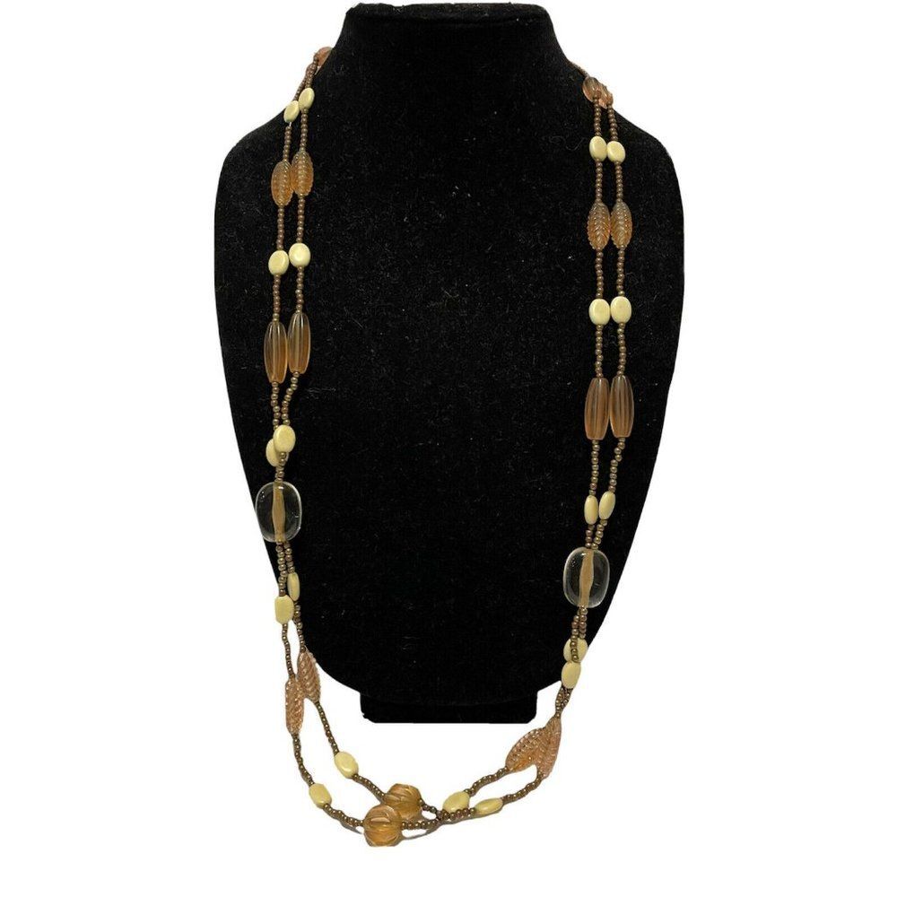 multi strand earth tone beaded layering necklace 35”L  lobster clasp Brown Boho
